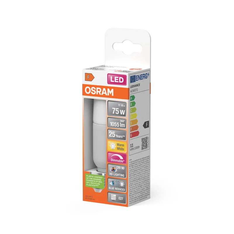 OSRAM LED SUPERSTAR PCR CLASSIC STICK DIM LAMP in Stick-Form, LED-Lampe, Matt, 11 W, (ex 75 W), 1000 lm, Warmweiß, 2700 K, Dimmbar, 15000 h, CRI 90