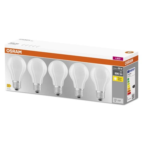 OSRAM LED Base Classic A LED Lampe matt (ex 60W) 7W / 2700K Warmweiß E27 5er Pack