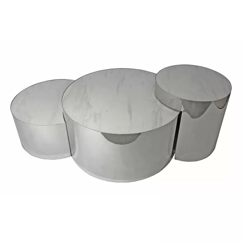 Casa Padrino Luxus Couchtisch Set Silber / Weiß 130 x 80 x H. 50 cm - 3 Runde Wohnzimmertische mit Porzellanplatten