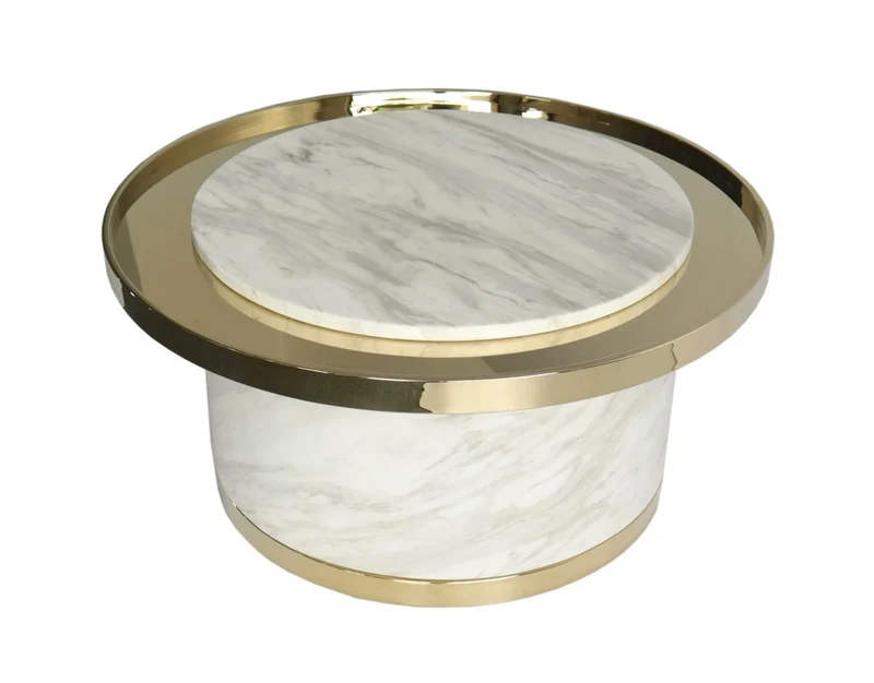 Casa Padrino Luxus Couchtisch Weiß / Gold Ø 80 x H. 38 cm - Runder Marmor Wohnzimmertisch mit Edelstahl