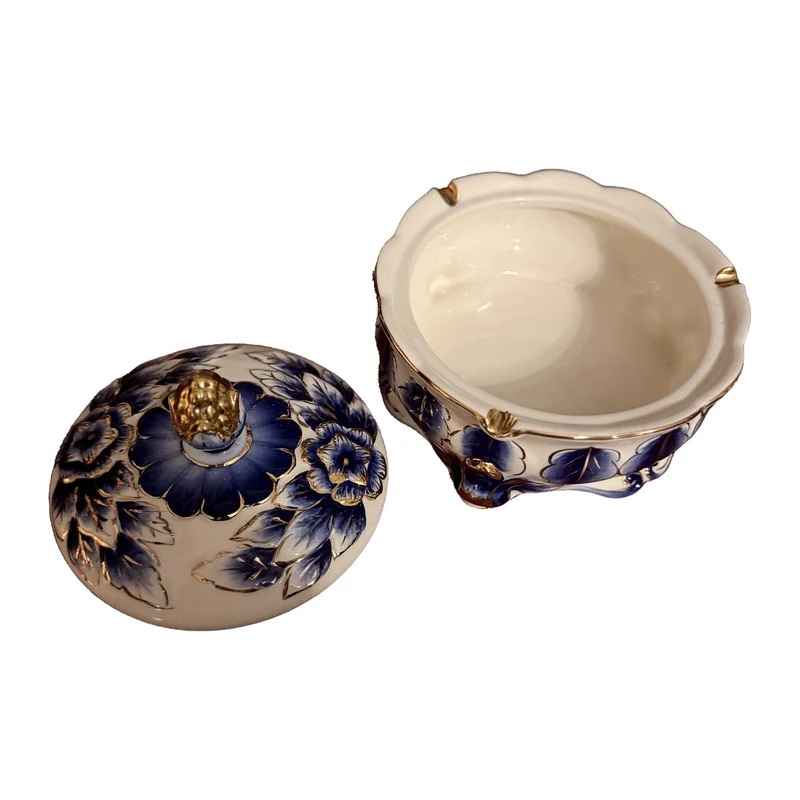 Casa Padrino Porzellan Deckeldose Blau / Weiss / Gold - Dekorative Schmuckdose im Barockstil