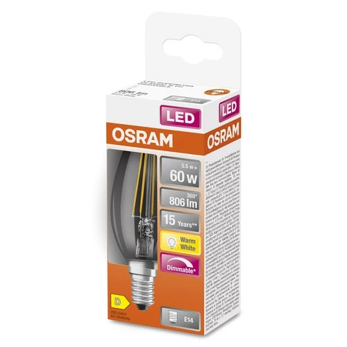 OSRAM Dimmbare LED - Lampen, klassische Kolbenform, 60 Watts Ersatz, E14, B-shape, 2700 Kelvin, Warm weiß, Klares Glas