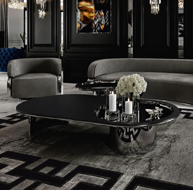 Casa Padrino Luxus Couchtisch Schwarz / Silber 150 cm - Ovaler Wohnzimmertisch - Hotel Möbel - Wohnzimmer Möbel - Luxus Möbel - Luxus Interior