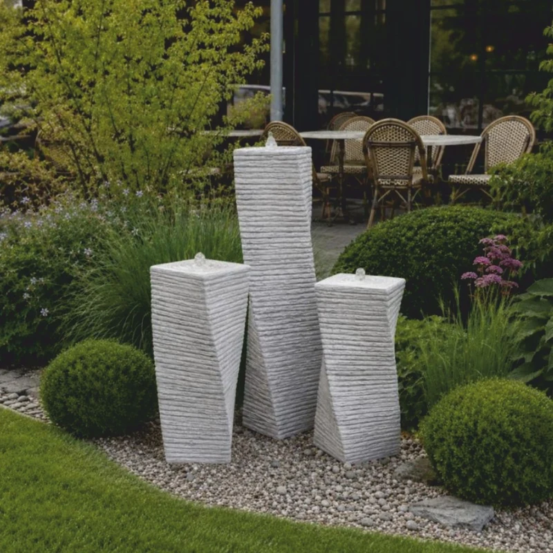 Casa Padrino Garten Deko Säulenbrunnen 3er Set Grau H. 120 cm - Garten Accessoires - Terrassen Accessoires