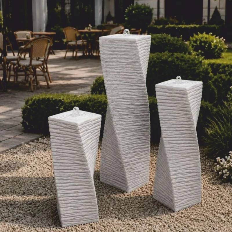 Casa Padrino Garten Deko Säulenbrunnen 3er Set Grau H. 120 cm - Garten Accessoires - Terrassen Accessoires