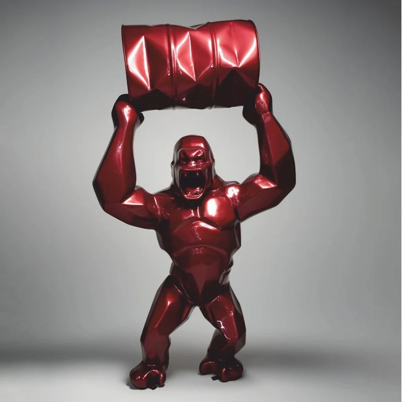 Casa Padrino XXL Garten Deko Skulptur Gorilla mit Fass Metallic Rot H. 250 cm - Große Garten Figur - XXL Tierfigur