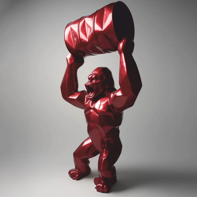 Casa Padrino XXL Garten Deko Skulptur Gorilla mit Fass Metallic Rot H. 250 cm - Große Garten Figur - XXL Tierfigur