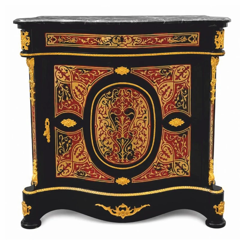 Casa Padrino Barock Boulle Massivholz Kommode mit Marmorplatte Schwarz / Rot / Gold / Grau H. 105 cm - Barock Boulle Möbel
