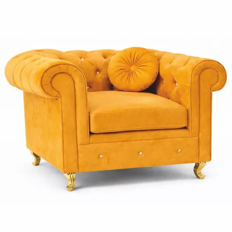 Casa Padrino Chesterfield Samt Sessel Gelb / Gold 107 cm - Wohnzimmer Möbel