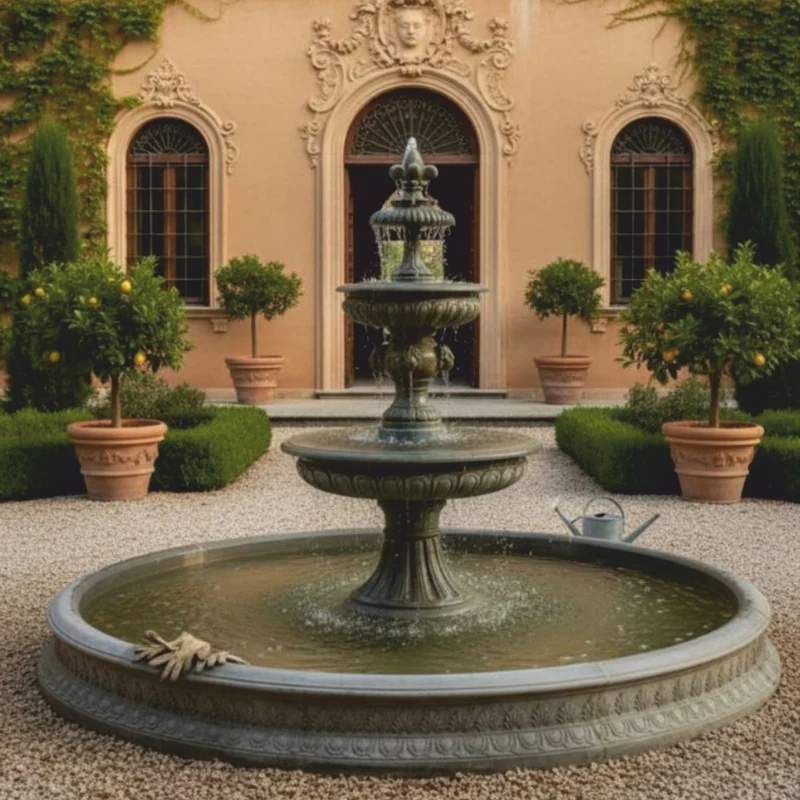 Casa Padrino Barock Springbrunnen mit Brunnenumrandung Grau Ø 400 x H. 280 cm - Nostalgischer Gartenbrunnen - Hotel Brunnen - Garten Deko