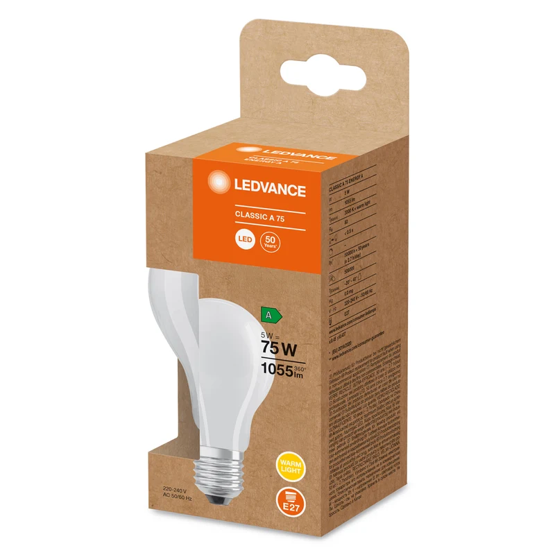 LEDVANCE LED CLASSIC A ENERGY EFFICIENCY A S , LED-Lampe, Bleifreies Glas, Matt, 5 W, (ex 75 W), 1055 lm, Warmweiß, 3000 K, Energieeffizienzklasse: A, 50000 h, CRI ≥80