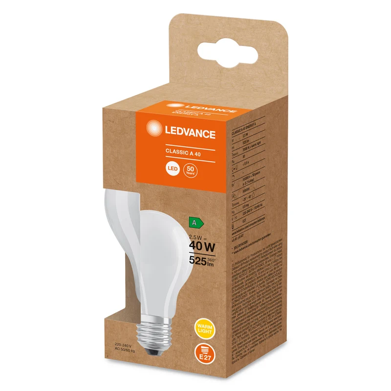 LEDVANCE LED CLASSIC A ENERGY EFFICIENCY A S , LED-Lampe, Bleifreies Glas, Matt, 2,5 W, (ex 40 W), 525 lm, Warmweiß, 3000 K, Energieeffizienzklasse: A, 50000 h, CRI ≥80