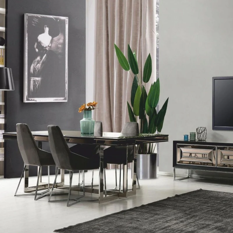 Casa Padrino Luxus Esstisch Schwarz / Silber 208 cm - Luxus Esszimmer Möbel