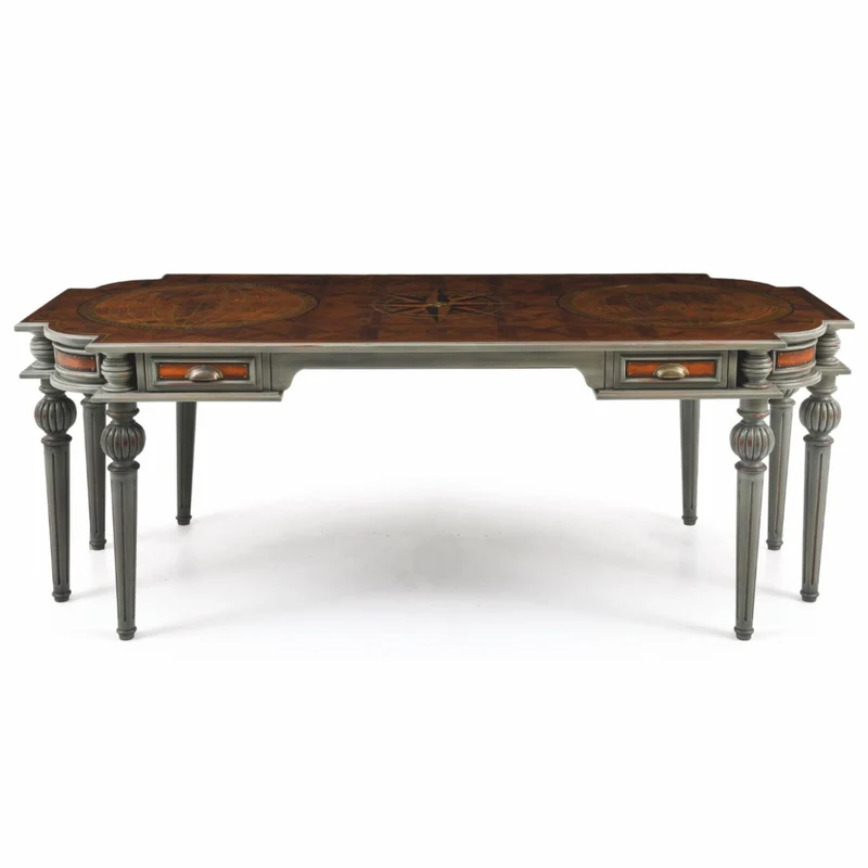 Casa Padrino Luxus Barock Massivholz Schreibtisch Braun / Grau 204 cm - Prunkvolle Büro Möbel - Barockstil Büro Möbel