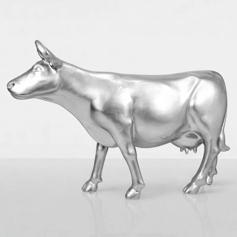 Casa Padrino XXL Deko Kuh Skulptur Silber 225 cm - Lebensgroße Garten Figur