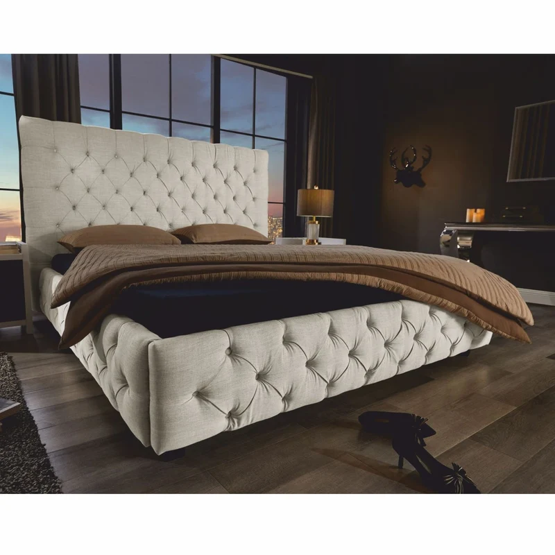 Casa Padrino Chesterfield Doppelbett Beige / Schwarz 180 x 200 cm - Schlafzimmer Möbel