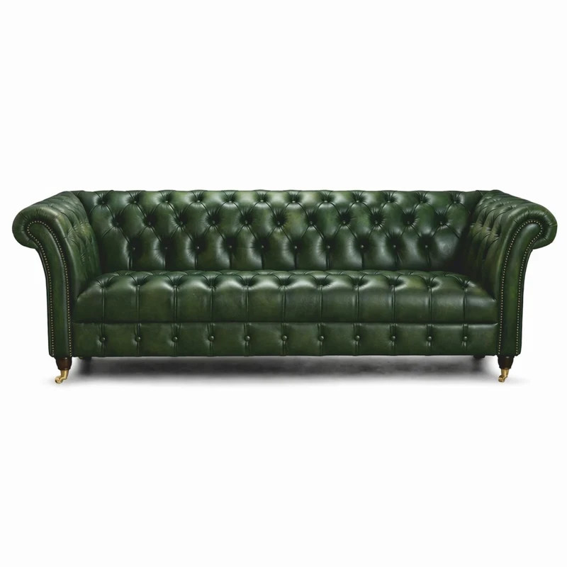 Casa Padrino Luxus Chesterfield Leder 3er Sofa Grün 235 cm - Echtleder Möbel