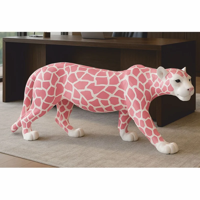 Casa Padrino Deko Skulptur Panther Weiß / Rosa 160 x H. 72 cm - Deko Figur