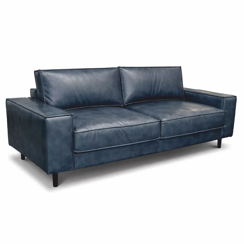 Casa Padrino Luxus Leder Sofa Vintage Blau / Schwarz 210 cm - Echtleder Möbel