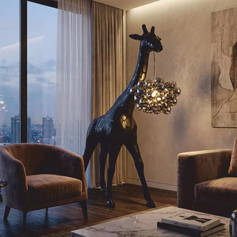 Casa Padrino Luxus Stehleuchte Giraffe Schwarz H. 230 cm - Tier Stehleuchten