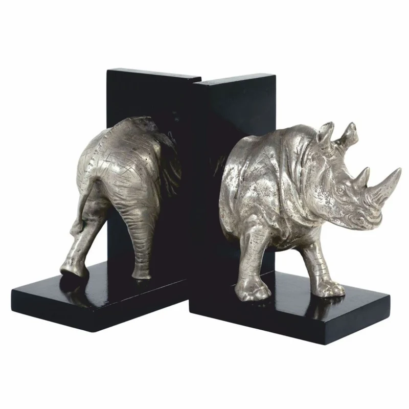 Casa Padrino Luxus Bücherstützen Set Nashorn Silber / Schwarz - Schreibtisch Deko