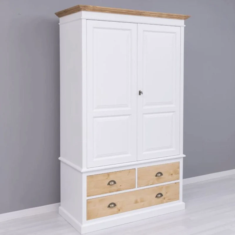 Casa Padrino Landhausstil Kleiderschrank Weiß / Naturfarben 121 x H. 197 cm - Schlafzimmer Möbel
