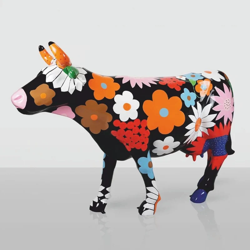 Casa Padrino XXL Deko Skulptur Kuh Schwarz / Bunt 220 cm - Lebensgroße Garten Figur