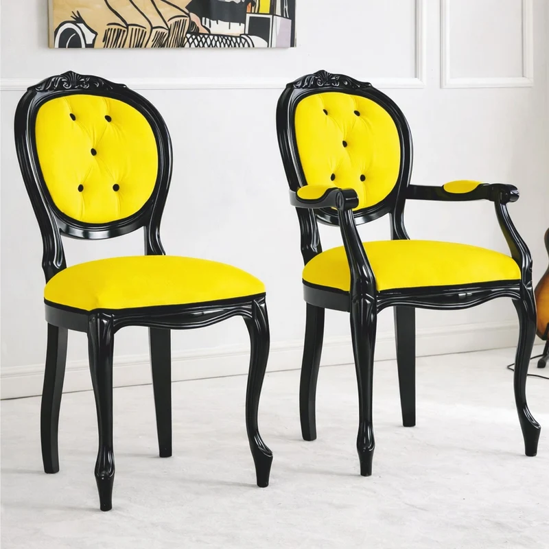 Casa Padrino Luxus Barock Esszimmer Stuhl mit Armlehnen Gelb / Schwarz H. 100 cm - Made in Italy