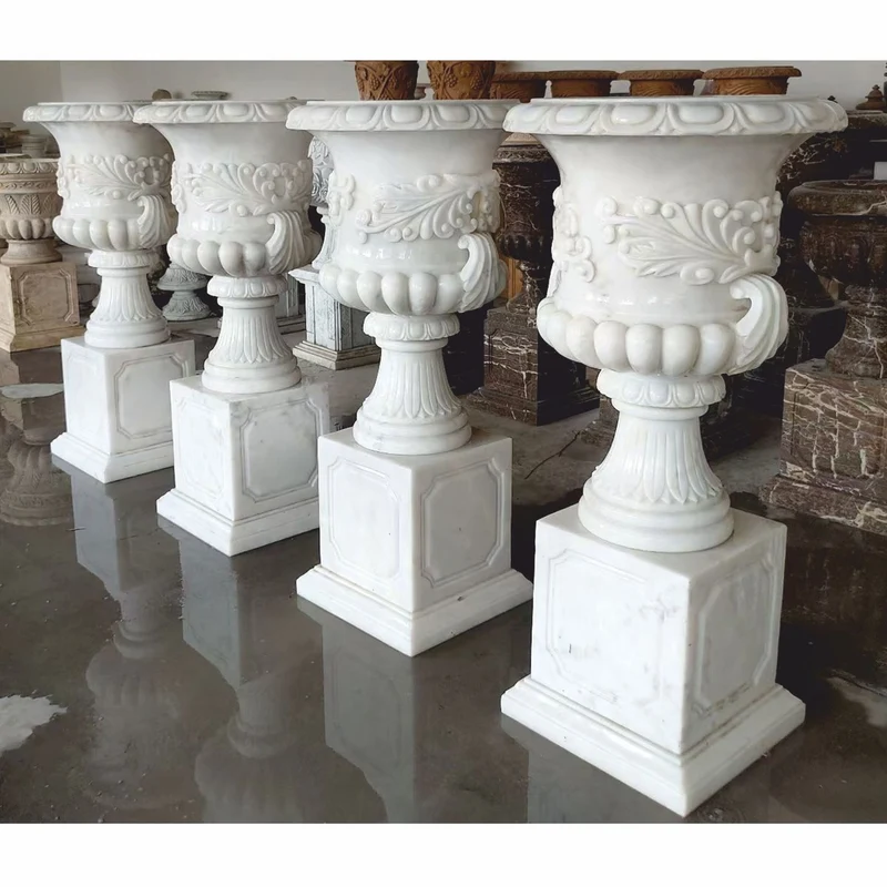 Casa Padrino Luxus Barock Marmor Blumentopf Set auf Säulen Weiß H. 120 cm