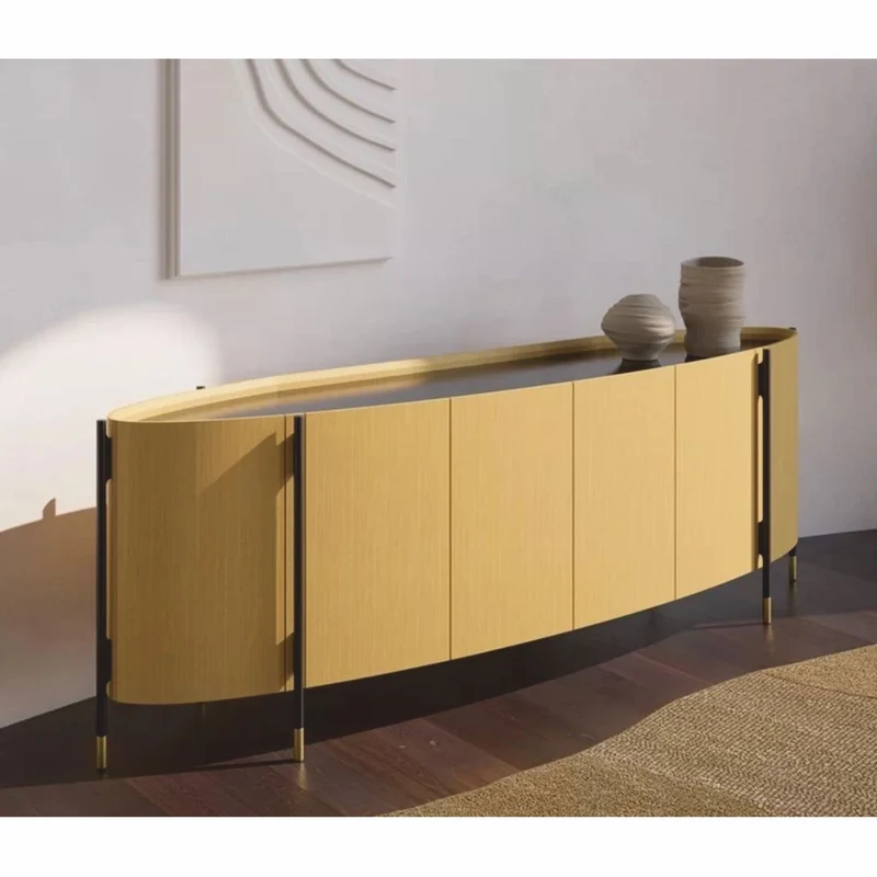 Casa Padrino Luxus Sideboard mit 4 Türen Naturfarben / Schwarz / Messing 267 cm - Hotel Möbel