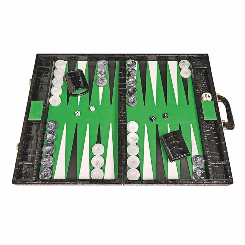 Casa Padrino Luxus Echtleder Backgammon Aktenkoffer Schwarz Kroko Optik - Luxus Accessoires