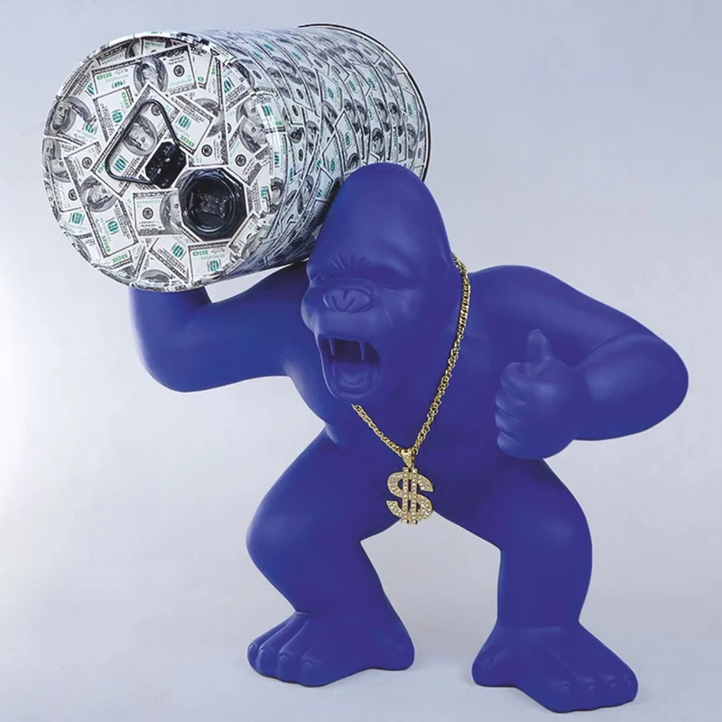 Casa Padrino Deko Skulptur Gorilla mit Fass Blau H. 110 cm - Große Deko Figur