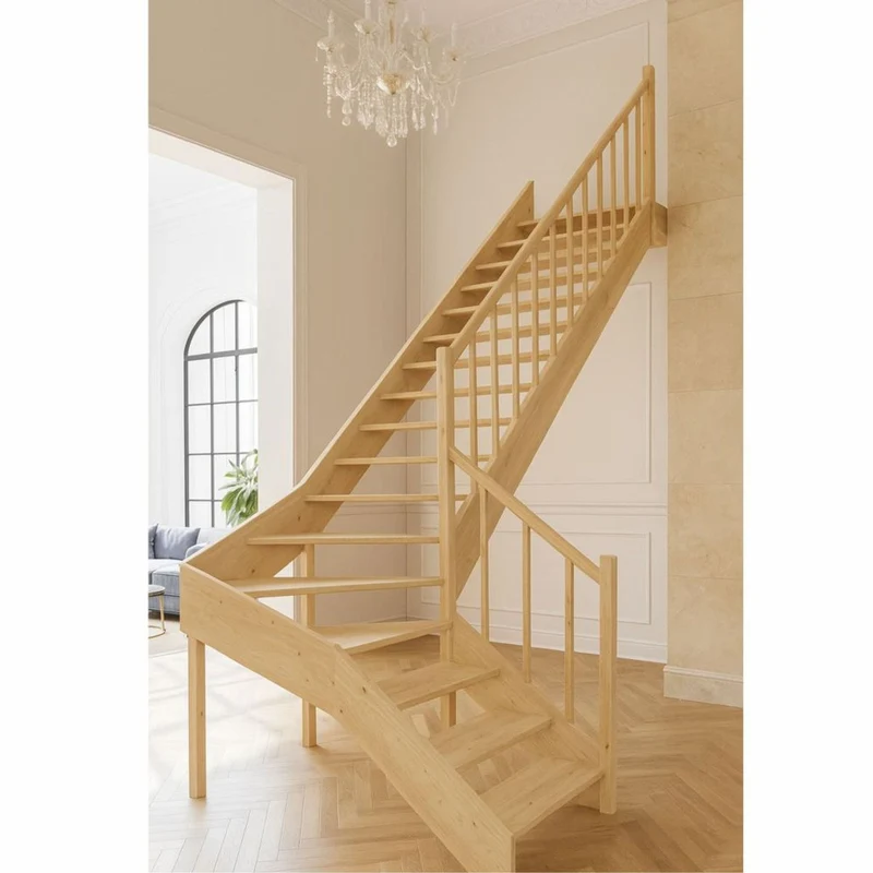 Casa Padrino Luxus Eck-Holztreppe mit Geländer rechte Seite Naturfarben H. 304 cm