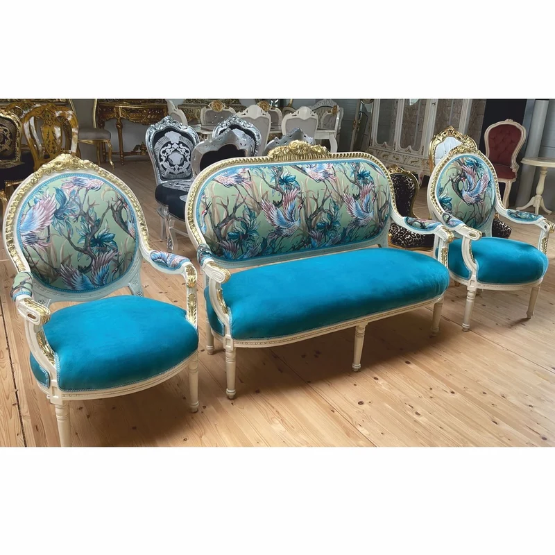 Casa Padrino Barock 2er Sofa Blau / Bunt / Weiß / Gold 150 cm - Barock Möbel