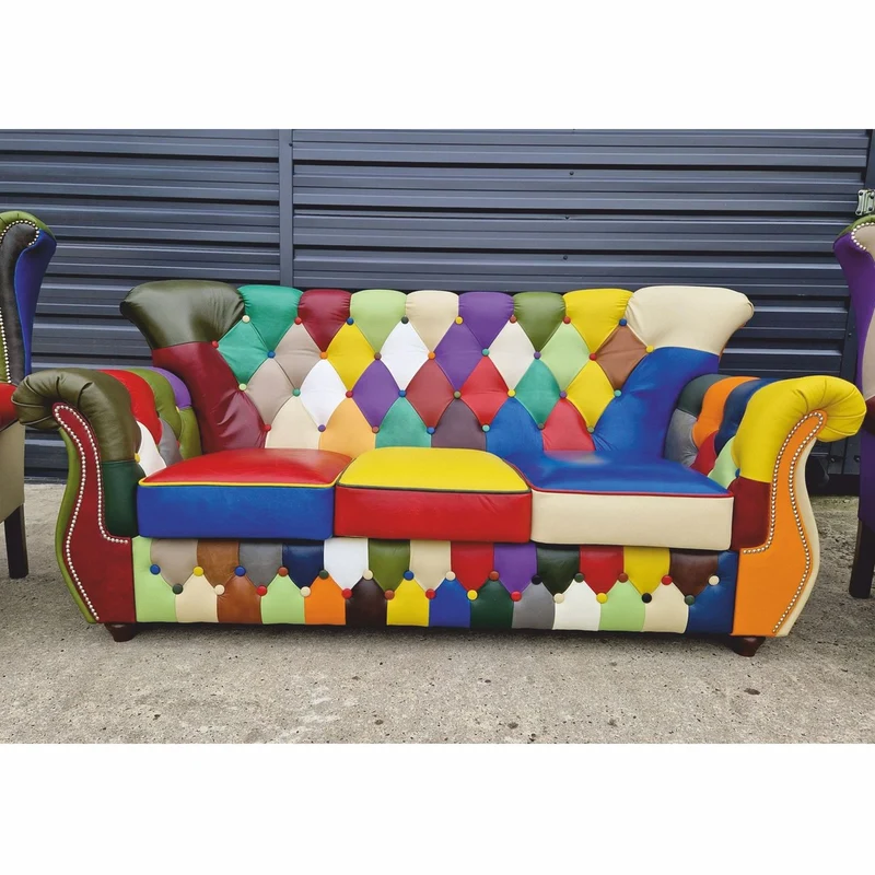 Casa Padrino Luxus Chesterfield Leder Wohnzimmer Set Bunt / Dunkelbraun - Patchwork Echtleder Möbel