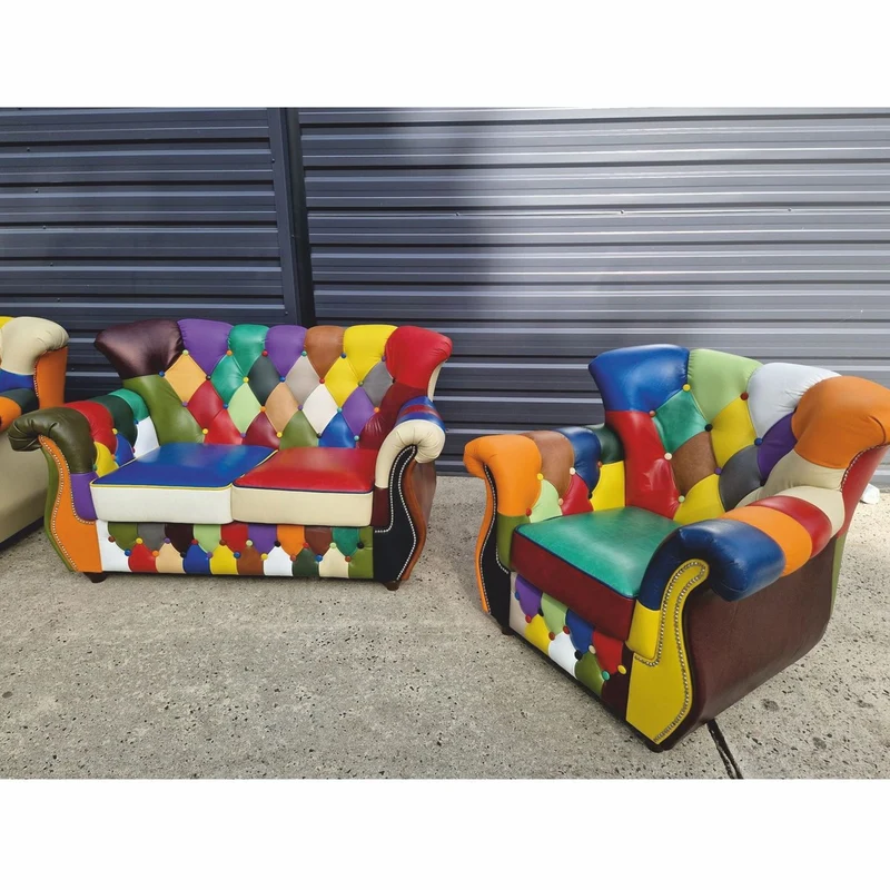 Casa Padrino Luxus Chesterfield Leder Wohnzimmer Set Bunt / Dunkelbraun - Patchwork Echtleder Möbel