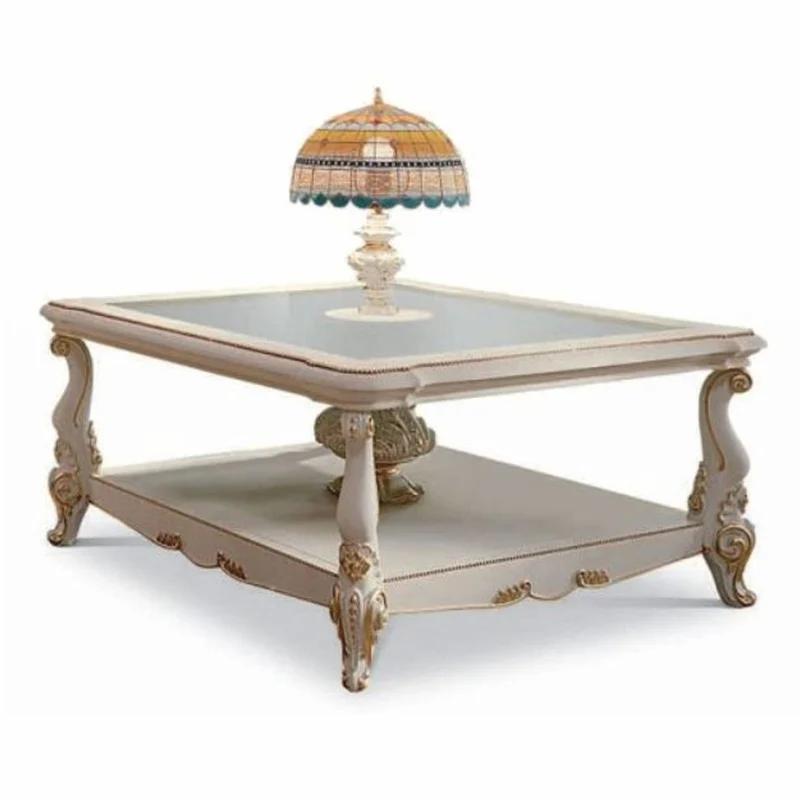 Casa Padrino Luxus Barock Couchtisch mit Tiffany Tischleuchte Weiß / Gold 110 cm - Made in Italy