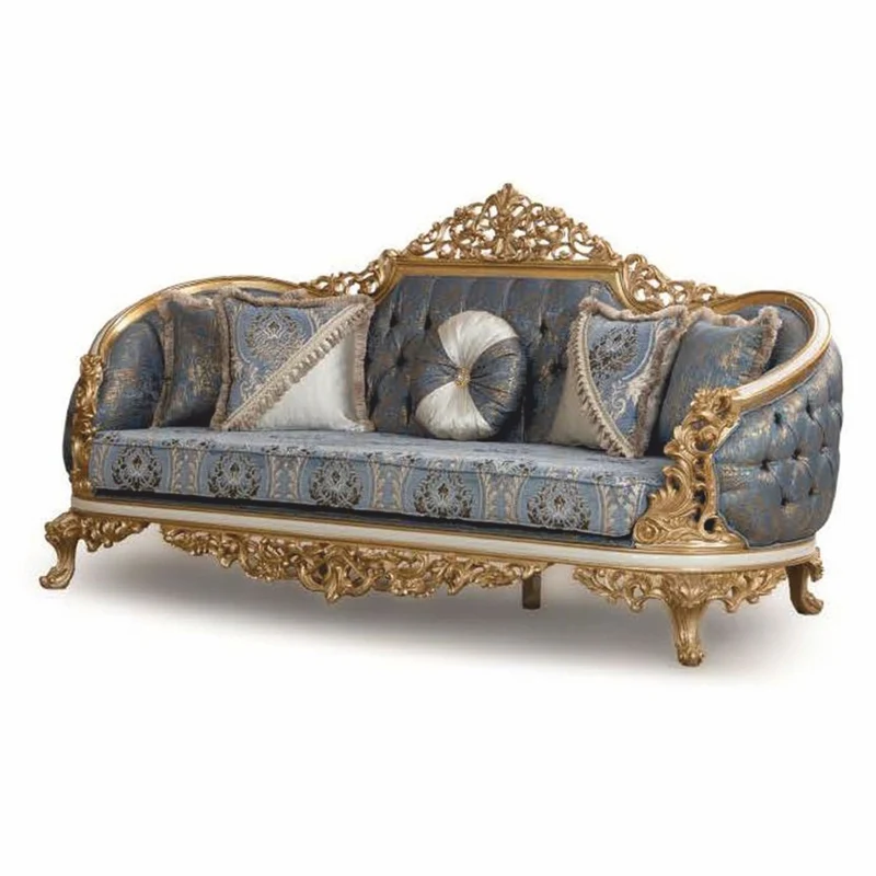 Casa Padrino Luxus Barock Sofa Blau / Weiß / Gold 240 cm - Barock Wohnzimmer Möbel