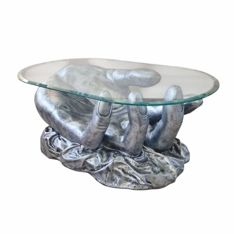 Casa Padrino Designer Couchtisch Hand mit Glasplatte Antik Silber 80 cm