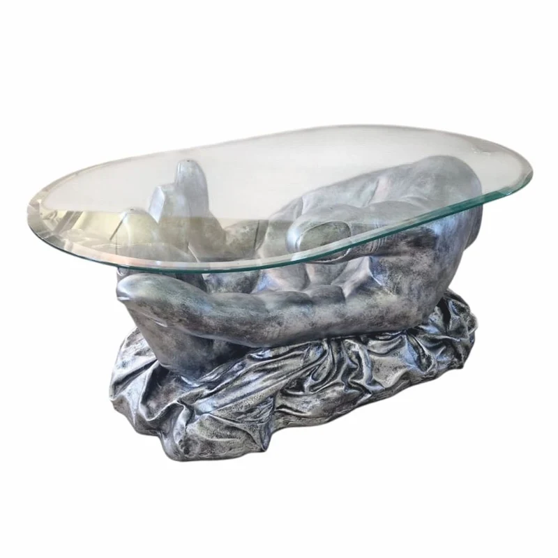 Casa Padrino Designer Couchtisch Hand mit Glasplatte Antik Silber 80 cm
