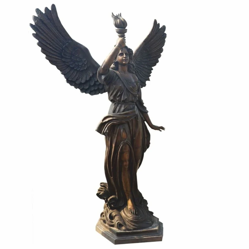 Casa Padrino Jugendstil Garten Deko Messing Skulptur Engel mit Fakel Rechts Bronze H. 210 cm