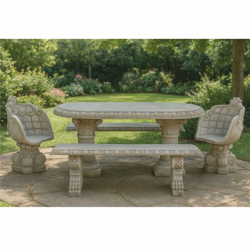 Casa Padrino Barock Garten Möbel Set Grau - 1 Tisch - 2 Stühle - 2 Sitzbänke