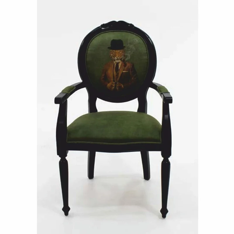 Casa Padrino Luxus Barock Samt Esszimmer Stuhl mit Armlehnen Gentleman Tiger Grün / Schwarz