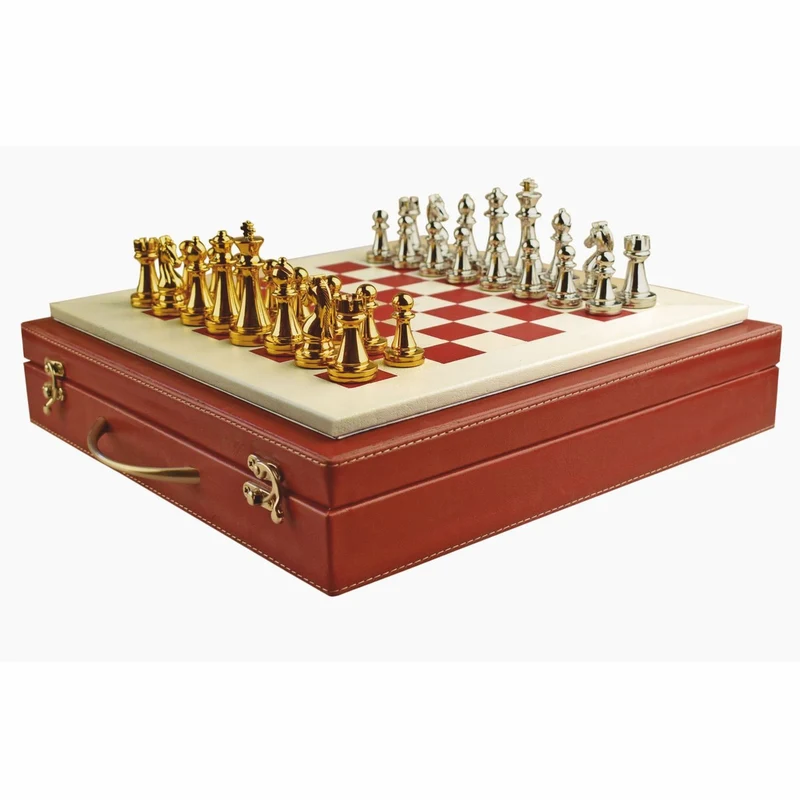 Casa Padrino Luxus Echtleder Schachspiel Koffer Rot 40 x 40 cm - Luxus Accessoires