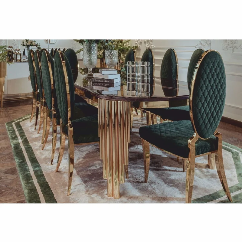 Casa Padrino Luxus Esstisch mit Kunstmarmor Tischplatte Schwarz / Gold 240 cm - Esszimmer Möbel