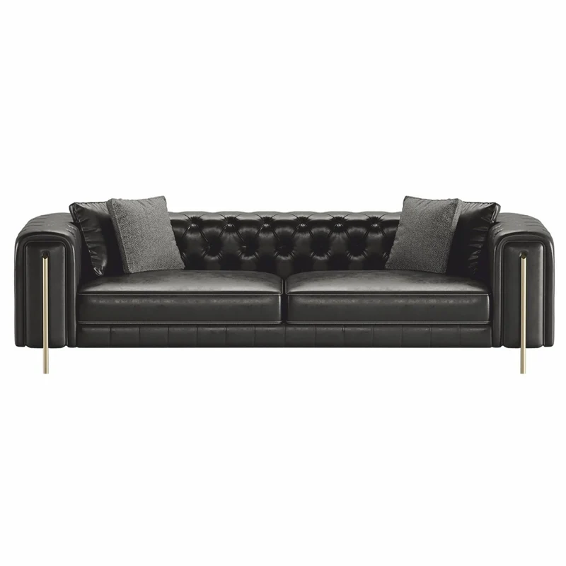 Casa Padrino Luxus Chesterfield Kunstleder Sofa Schwarz / Messing 262 cm - Luxus Möbel
