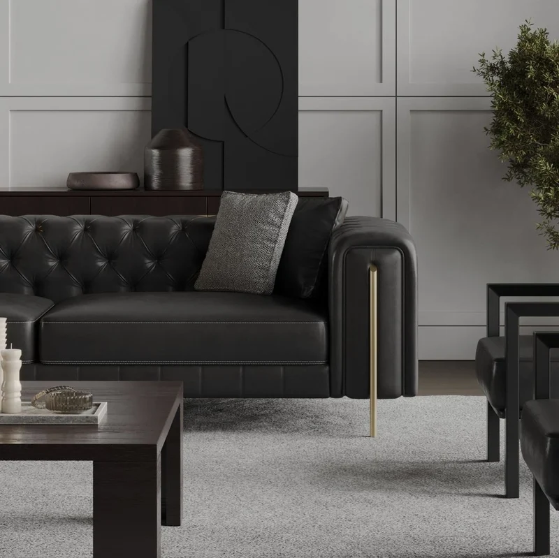 Casa Padrino Luxus Chesterfield Kunstleder Sofa Schwarz / Messing 262 cm - Luxus Möbel