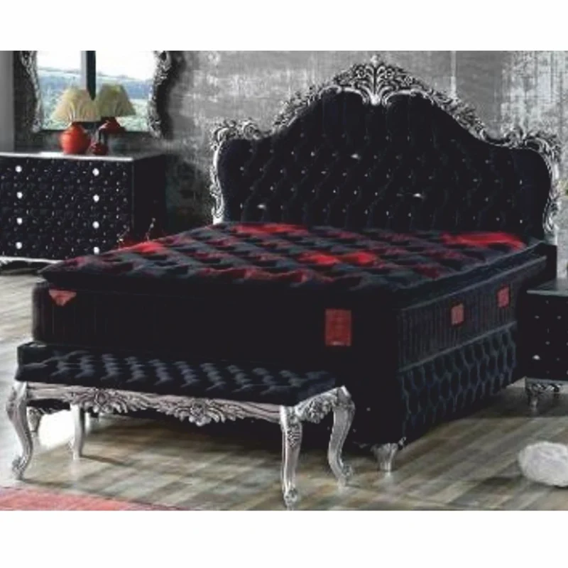 Casa Padrino Barock Doppelbett mit Glitzersteinen und Matratze Schwarz / Silber 160 x 200 cm