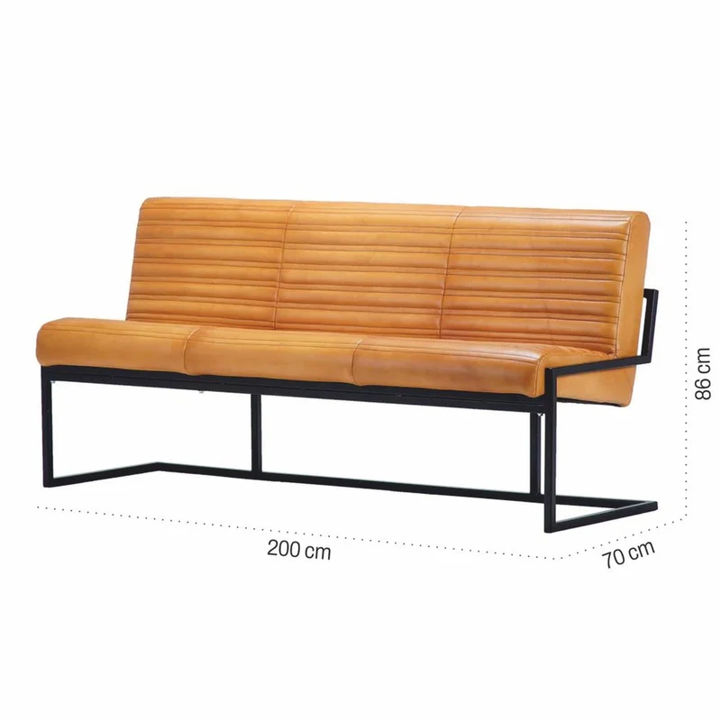 Casa Padrino Luxus Echtleder Sitzbank Hellbraun / Schwarz 200 cm - Echtleder Möbel