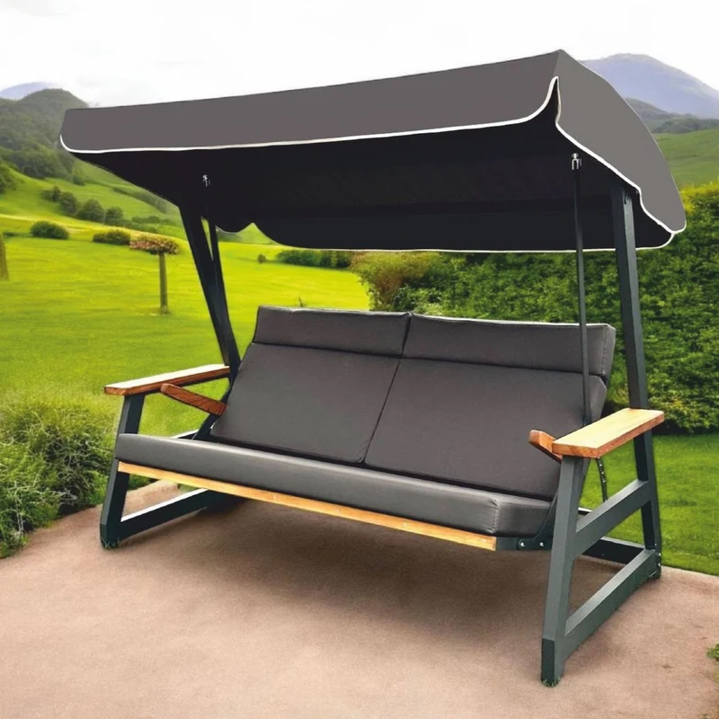 Casa Padrino Luxus Hollywoodschaukel Anthrazit / Braun 226 cm - Exklusive Gartenschaukel für 4 Personen mit Sonnendach